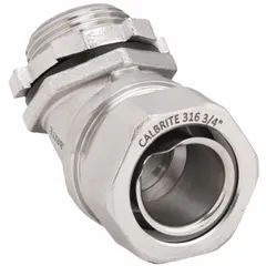 This 45° liquid-tight connector is designed for use with flexible metal conduit, providing a sealed transition to a 3/4 in MNPT box connection. Constructed from 316 stainless steel, it offers corrosion resistance in wet or corrosive environments. The connector is insulated to protect wiring integrity.