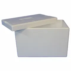 This insulated shipping container consists of a white Styrofoam insert with 0.75 in wall thickness and a corrugated cardboard outer box. It is used for temperature-sensitive shipments requiring thermal protection during transit, such as pharmaceuticals, biologics, or perishable goods.