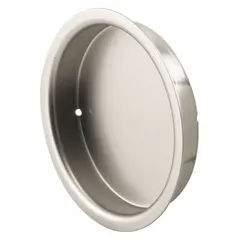 This round recessed handle is made of steel with a satin nickel finish. It features unthreaded mounting holes and is supplied as a single piece. Suitable for use as a flush pull on drawers, sliding trays, or cabinet doors in various storage and workbench applications.