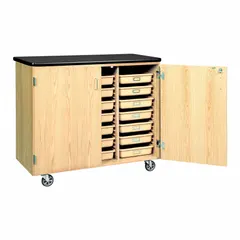 This mobile tote cabinet is constructed of wood and features two doors. With an overall height of 41 1/2 inches, depth of 24 inches, and width of 4 feet, it provides organized storage for tools, parts, and supplies. Its mobility allows easy relocation to workstations in industrial facilities, warehouses, and workshops.