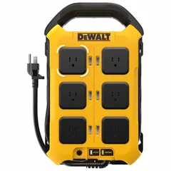 The DEWALT Power Manager distributes power to multiple tools or devices on a job site. It features 6 ports with a NEMA 5-15 plug and a 15 A maximum input. Suitable for construction, maintenance, and industrial applications requiring organized power management.