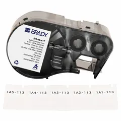 Precut label roll cartridge for the M410 printer series. Contains 200 self-extinguishing vinyl labels in white matte finish, sized 2 1/2 in x 3/4 in. Designed for durable identification and marking of cables, wires, and small cylindrical surfaces in industrial environments.