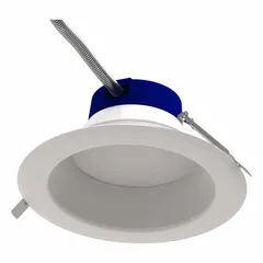 10-inch diameter downlight universal trim module with selectable output of 3,000, 3,500, or 4,000 lumens at 3000K color temperature. Operates on 120 to 277V AC, consumes 43 W, and has an overall height of 4 3/8 inches. Suitable for retrofit applications in commercial and industrial settings.