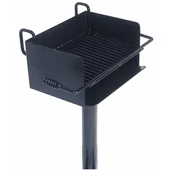 This charcoal pedestal grill features a single burner and a powder coated steel body. With overall dimensions of 20 1/8 in length, 40 in height, and 18 3/8 in depth, it is suited for outdoor cooking in settings such as patios, campsites, or food-service areas where a compact grilling solution is required.
