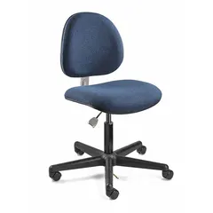 This armless ESD task chair features a fabric seat and a nylon base with five casters. Height adjusts from 17 to 22 inches, with an 18-inch square seat. Suitable for static-sensitive environments such as electronics assembly and laboratory workstations.