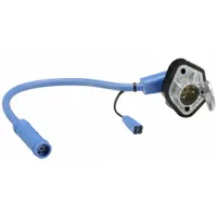 This 7-way female plug receptacle features a 90° die-cast housing and solid brass pins. It is used for electrical connections in trailer wiring systems, providing power and signal transfer for lighting and auxiliary functions