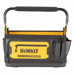 This wide-mouth tool bag is constructed from yellow ballistic nylon and features 36 pockets for organized storage of tools and equipment. It is suitable for transporting hand tools and accessories on job sites in trades such as electrical, plumbing, and HVAC.