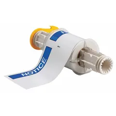 White vinyl label roll with a NOTICE header, available in 4 in x 6 in and 6 in x 4 in sizes. Contains 95 labels with acrylic adhesive. Compatible with BBP85 printer series. Used for facility identification and safety signage in industrial environments.
