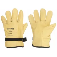 Yellow leather protectors with gauntlet cuff and straight thumb, designed for use over Class 00 and 0 rubber insulating gloves. These protectors shield gloves from cuts, punctures, and abrasion during electrical maintenance tasks. Suitable for Class 2 Volt Class applications