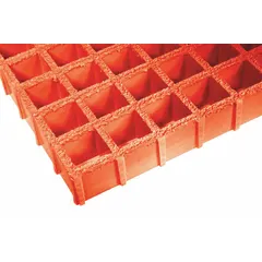 This fiberglass molded grating is designed for applications requiring resistance to corrosive chemicals and physical impact. It is commonly used for platforms, walkways, and trench covers in industrial environments such as chemical plants, wastewater treatment facilities, and marine installations. Nominal size: 36 in x 10 ft (WxL).