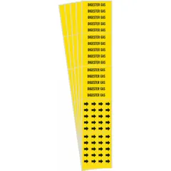 These adhesive pipe markers identify pipes carrying digester gas. The yellow background with black legend text provides clear visibility. Each marker includes arrows to indicate flow direction. Suitable for pipes with an outside diameter of 3/4 inch and smaller. Pack of 5 contains 3 markers.