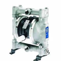 This GRACO AODD pump features a stainless steel housing with 3/4 in NPT connections and delivers up to 16 gpm. It is equipped with a stainless steel seat and 316 stainless steel check valves, suitable for transferring a variety of fluids in industrial applications such as chemical processing, water treatment, and food handling.