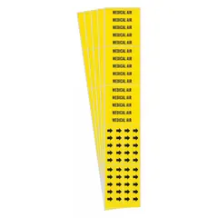 Yellow adhesive pipe markers with black 'Medical Air' legend and flow-direction arrows. Each pack contains 5 markers (3 per pack) for pipes 3/4 in and smaller outer diameter. Used to identify medical air piping systems in healthcare and similar facilities.