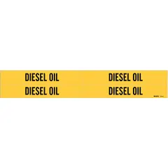 Yellow adhesive pipe markers with black legend reading 'Diesel Oil' for identifying piping systems. Each marker fits pipe outer diameters from 3/4 to 2-3/8 inches. Pack of four markers without directional arrows. Suitable for labeling fuel lines in industrial facilities.