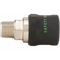 This industrial interchange brass quick-connect air coupling features a Safety Vent locking type for controlled disconnection, reducing hose whip. It has a 3/8"-18 male thread and a 3/8" hose fitting size. Suitable for connecting pneumatic tools and hoses in compressed air systems