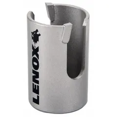 Carbide tipped hole saw for cutting through metal, wood, and plastic. Features a 1-3/4 in diameter, 5/8"-18 thread, and 2-7/16 in maximum cutting depth. Used in plumbing, electrical, and HVAC installations for creating clean holes in various substrates.