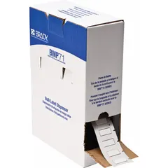 Polyolefin sleeve label roll with white matte finish, measuring 1 in x 7/16 in. Designed for wire gauges 8 AWG to 12 AWG. Compatible with BMP71 printer series for thermal-transfer printing. Used for permanent identification of wires in control panels, machinery, and electrical installations.