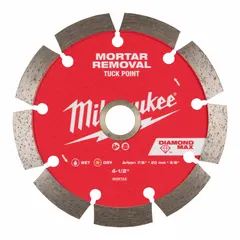 This diamond saw blade is designed for cutting masonry and mortar materials using a circular saw. With a 4-1/2 in diameter and a 5/8 in to 7/8 in arbor size, it supports both wet and dry cutting applications. Suitable for construction, renovation, and demolition work on brick, block, and concrete surfaces.