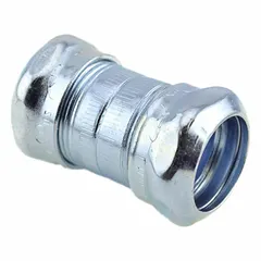 This compression conduit coupling is used to join two lengths of EMT conduit in a straight run. Constructed of steel with a zinc-plated finish, it provides a secure, grounded connection in electrical raceway systems. Suitable for dry indoor environments, it complies with UL-514B standards.