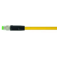 Single-ended cordset with M8 male straight connector on one end and bare wire on the other. Features 3 pins, 24 AWG wire, and 3 m cable length. Yellow PVC jacket rated IP65. Suitable for flexing applications in industrial automation, packaging, and material handling equipment