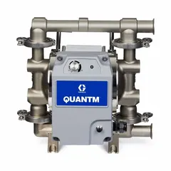 This GRACO electric diaphragm pump features a stainless steel body, PTFE diaphragm, PTFE check valves, and stainless steel seats. It operates on single-phase 120V AC power with a 1 1/2 in connection. Designed for sanitary transfer of fluids in applications requiring FDA compliance.