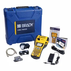Portable handheld label printer for facility safety identification. Prints 1"-wide indoor/outdoor vinyl labels. Includes rechargeable battery, magnet accessory, and Brady Workstation Safety and Facility Identification Software Suite. Supplied with Indoor/Outdoor Vinyl Label Cartridge (M4C-1000-595-WT-BK).