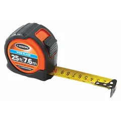 KESON PG18M25WIDEV is a 25 ft / 7.5 m tape measure with a nonmagnetic single hook tip. It features 1/16 in graduations, feet and metric/SAE markings, a finger brake, and a manual lock. The black plastic body has a rubberized grip. Suitable for linear measurements in construction, HVAC, electrical, and general contracting.