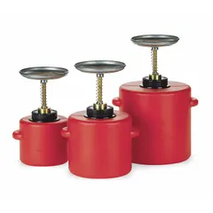 EAGLE P711 plunger can with 1/4 gallon capacity, made of red polyethylene. Designed for controlled dispensing of flammable liquids onto rags or swabs in industrial maintenance and cleaning tasks. Corrosion-resistant body suitable for plant floors, machine shops, and laboratories.