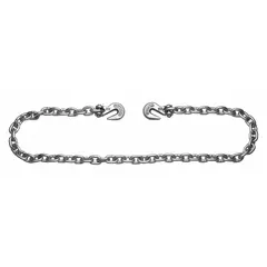 This Grade 43 steel recovery chain has a 20 ft overall length and 1/2 in overall width. It features Clevis Grab hooks with Grab Hook attachment style and a silver finish. Suitable for towing, load securing, and binding in heavy-duty industrial and transportation applications.