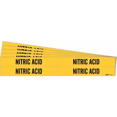Yellow adhesive pipe marker with black legend reading 'Nitric Acid'. Fits pipe outer diameters from 3/4 to 2-3/8 inches. Pack includes 4 markers without arrows. Sold in a 5-pack quantity. Used to identify pipes carrying nitric acid in industrial and laboratory settings.