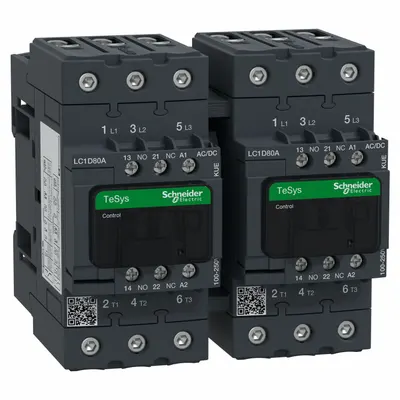 SCHNEIDER Contactor: Reversing, 3 Poles, 3NO Contacts, 66 A - Reversing IEC Contactors