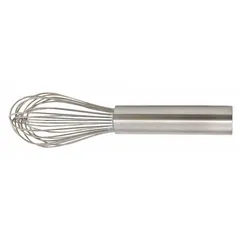 This whisk features an 8-inch overall length and a stainless steel handle with a silver finish. It is designed for blending, stirring, and aerating ingredients in commercial or home kitchens. Not dishwasher safe and not NSF certified.