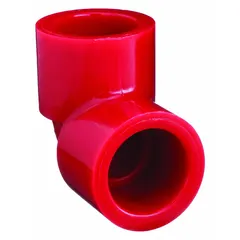 90° elbow for changing flow direction in piping systems. Made of polyvinylidene with female-female connections, 1 in x 1 in pipe size. Red color. Meets ASTM D3222 standards. Suitable for industrial applications requiring UV resistance and corrosion resistance.