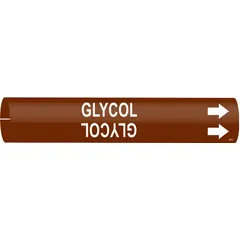This snap-on pipe marker identifies glycol piping with a brown background and white legend text. It fits pipe outer diameters from 3/4 to 1-3/8 inches and includes directional arrows. Used in industrial facilities to label glycol lines in HVAC, refrigeration, and process systems.