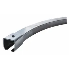 Steel hardware component designed for strip door installations. Provides a curved mounting path for strip door curtains. Includes pre-attached track splices for easier installation. Used in industrial facilities to control temperature, noise, and airflow while allowing passage.