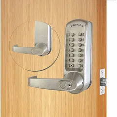 This mechanical push button lockset provides keyless access control for interior or exterior doors in commercial, institutional, and industrial settings. Constructed from stainless steel, it is designed for high-traffic areas requiring durable, code-compliant entry without electronic components. No key override option is available.