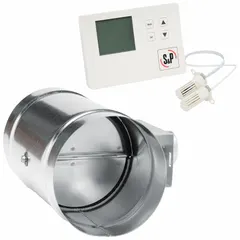 Motorized fresh air intake damper for 4-inch diameter ducts. Flat blade with rubber seal, 24V AC, normally closed. Includes Envirosense Ventilation Control. Dimensions: 9 3/4 in L, 9 7/8 in H, 4 in W, 3 in flange width.