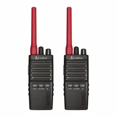 Analog GMRS handheld radio with 2.5 W output and 4 channels. 16-hour battery life and IP54 dust/water resistance. Suitable for outdoor recreation, job-site coordination, and emergency communication. Requires an FCC license for operation.