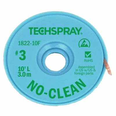 TECHSPRAY No-Clean Flux Desoldering Braid #3 0.075in 10ft Green - No-Clean Flux Desoldering Braids
