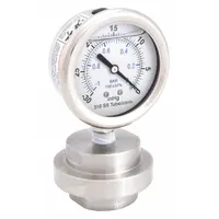 This low-pressure dial gauge features a 2 1/2 in dial with bottom connection and ±1.60% accuracy. The 304 stainless steel case is filled with glycerin, while the 316 stainless steel seal lower housing is filled with mineral oil. Wetted parts are stainless steel. Suitable for measuring low-pressure fluids where diaphragm-seal isolation protects against corrosive or viscous media