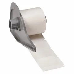 White matte vinyl precut wraparound label for permanent wire identification. Measures 1 in x 1 1/2 in and fits wire gauges from 16 AWG to 8 AWG. Compatible with BMP71 printer series; requires M7-R4300 ribbon. Used for marking wires in electrical panels, control cabinets, and cable assemblies.