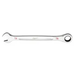 This SAE 12-point ratcheting combination wrench features a 7/8 in head size and a chrome finish. It is designed for turning fasteners in confined spaces where continuous rotation is needed without repositioning. Suitable for general maintenance, assembly, and repair tasks.