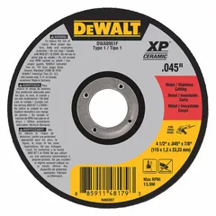 Ceramic cut-off wheel for carbon and stainless steel. Type 1 wheel with 46 grit, 4-1/2" diameter, 0.045" thickness, and 7/8" arbor. Reduces heat buildup during cutting. Used in metal fabrication, maintenance, and repair applications.