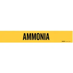 Ammonia adhesive pipe marker for labeling ammonia piping in industrial refrigeration, chemical processing, and HVAC systems. Fits pipe O.D. 2-1/2 to 7-7/8 in. Supplied as 1 marker without arrows, printed in English.