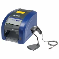 This desktop printer operates as a mobile device connected, PC connected, or standalone unit. It includes the Brady Workstation Product and Wire ID Software Suite and a USB cable. Designed for cable and wire labeling in industrial settings, it prints labels for wire identification, panel marking, and component tagging.