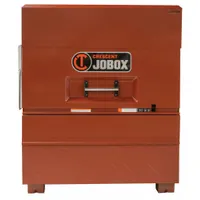 This brown piano-style jobsite box measures 31 1/8 in W x 48 in D x 56 3/4 in H and offers 44.45 cu ft of storage capacity. It includes a padlock hasp for securing tools and equipment on construction sites, workshops, and industrial facilities. The drawers provide organized storage for smaller parts and hand tools
