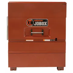 This brown piano-style jobsite box measures 31 1/8 in W x 48 in D x 56 3/4 in H and offers 44.45 cu ft of storage capacity. It includes a padlock hasp for securing tools and equipment on construction sites, workshops, and industrial facilities. The drawers provide organized storage for smaller parts and hand tools.