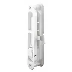 This sliding handle and latch kit is designed for use on sliding screen doors. It includes the necessary latch and pull components for replacement or repair. The kit measures 5 13/16 inches in overall height and 7/8 inches in overall length, and comes in a white finish.