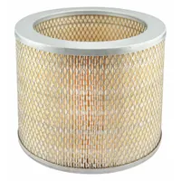 Round engine air filter with axial seal design. Overall height 7 11/16 inches. Compatible with Volvo construction equipment. Used in heavy-duty engines to filter intake air in demanding environments