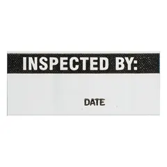 Black/white rectangle inspection label made of matte vinyl cloth for indoor use. Measures 1 1/2 in width by 5/8 in height. Supplied in a 25-pack. Commonly used on equipment or assets to indicate inspection status, maintenance due dates, or safety checks in industrial facilities.